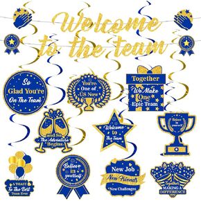 Welcome To The Team Banner Blue Gold Glitter Welcome Banner Decorations Welcome New Employee Hanging Swirls Decorations for Office Newcomers Staff Welcome Party Decoration for Office Party Decorations Supplies