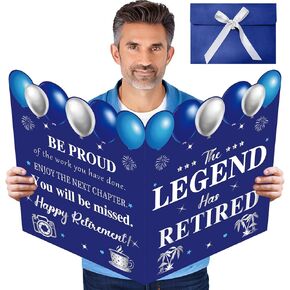 Retirement Card for Man Woman, Blue Silver Large Retirement Card for Signing Jumbo The Legend Has Retired Guest Book Greeting Cards with Envelope Retired Decorations Gift