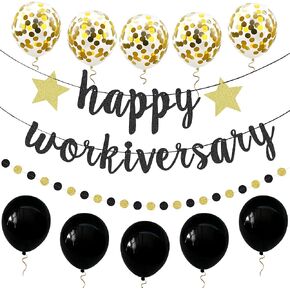 Happy Work Anniversary Decorations Happy Workiversary Banner Hanging Garland Kit Balloons Paper Banner Bunting Office Party Photobooth Backdrop Party Decoration Supplies Gold Glitter