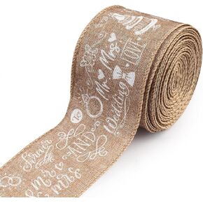Valentines Wedding Craft Ribbons for Wreath Bows, 2.5"×10 Yards Wired Edge Ribbons White Natural Burlap Ribbon Mr Mis Heart Wired Ribbons for Crafting Sewing Supplies