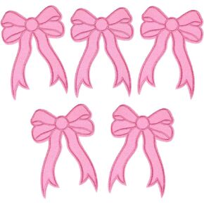 5pcs Pink Bow Patches Iron On, Glitter Coquette Iron On Trendy Bowknot Fabric Patch Decorative Sew On Embroidery Decal Applique for Women Girl Backpack Bag Clothes Jean Jacket Hats DIY Repair Craft