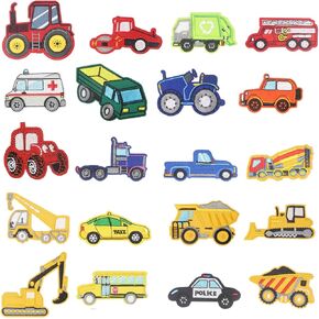 20PCS Cartoon Cars Iron on Patches, Bulldozer Truck Excavator Texi Bus Embroidered Repair Patches for Clothes, Custom Vehicle Applique for Boys, Hats, Jeans, Jackets, Bags, Backpacks, Dress