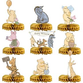 9PCS Vintage Pooh Centerpieces For Tables Party Decorations Honeycomb Centerpieces Decoration For Baby Shower Birthday Party Supplies Table Toppers