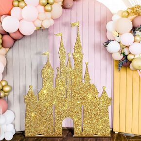 Large Castle Backdrop Stand Wooden Castle Fairytale Princess Birthday Party Decoration Photobooth Backdrop Centerpiece Supplies for Birthday Party Decorations (Gold)