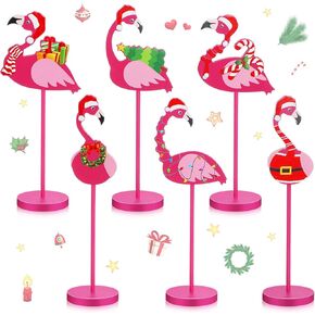 Gerrii 6 Pcs Christmas Flamingo Wood Table Centerpieces Xmas Luau Standing Block Sign Set Pink Hawaiian Tropical Bird Topper Decor Flamingo Table Sign for Home Xmas Holiday Office Desk Party Supplies