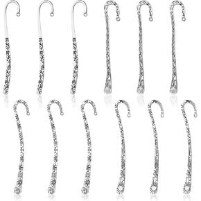 12 Pcs Metal Bookmark Hairpin Hook Vintage Silver Carved Hook Metal Book Markers Embossed Bookmarks for Crafting Jewelry Making Charms