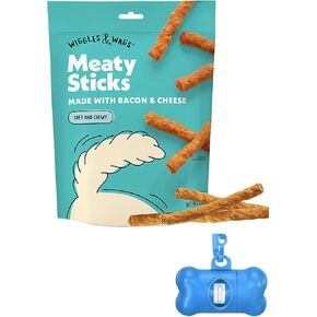 Wiggles & Wags Meaty Sticks Dog Treats, Bacon & Cheese Flavor, 6 oz with Bone Shaped Bag Dispenser & Roll