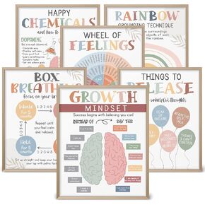 HandEasy Mental Health Posters, Counseling Office Must Haves, Set of 6 Therapy Office Decor with Envelope Sleeve, 8 x 10 Inch Boho Motivational Unframed Decors for School-HB01