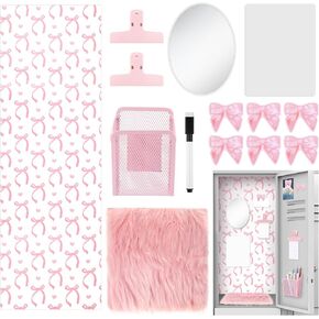 14 Pcs Pink Locker Accessories Kit - Magnetic Locker Organizer Decorations with Bow Wallpaper, Mirror, Whiteboard, Dry Erase Pen, Pen Holder, Area Rug, Clips, Magnets for Dorm Office Gym