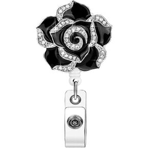 Black Retractable Flower Badge Holder, Luxury Rose Flower Diamond Badge Reel with Alligator Clip, Glitter Rose ID Card Badge Reel for Nurse, Identification Badges and Supplies