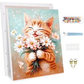 KEYIFA Paint by Numbers Kit for Adults Framed, Easy Painting Kits for Beginners, Paint on Clear Colored Canvas, Acrylic Pigment Drawing Paintwork, DIY Home Wall Decor, 12x16 in, Cat and Flowers