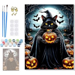 Halloween Paint by Numbers Kits for Adults Beginner with Framed Canvas, Black Cat Color by Number, Easy Adult Paint by Numbers Painting Kit, Acrylic Arts and Crafts for Home Wall Decor 8x12inch