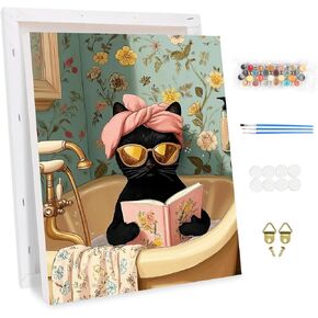KEYIFA Paint by Numbers Kit for Adults Framed, Easy Painting Kits for Beginners, Paint on Clear Colored Canvas, Acrylic Pigment Drawing Paintwork, DIY Home Wall Decor, 12x16 in, Bathroom Cat