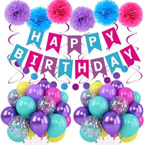 Purple Pink Blue Birthday Decorations for Girls Women with Hot Pink Metallic Purple Teal Yellow Banner Balloons Hanging Swirls Tissue Paper Pompoms and Circle Dots Garland