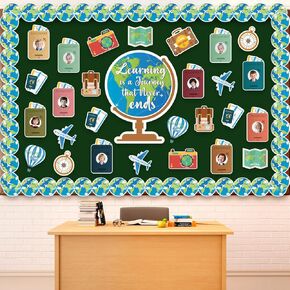 Karenhi 108 Pcs Travel Sports Preppy Motivational Bulletin Board Set 72 Cutouts 36 Bulletin Board Border with 400 Glue Point for Back to School Classroom School Office Locker Wall Decor(Sport)