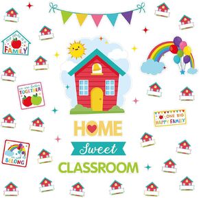 38 Pcs Our Class is a Family Bulletin Board Set with Name Tags Classroom Door Bulletin Board Border Decoration Corner Decor House Paper Cutouts for Classroom Chalkboard School Party Wall Door