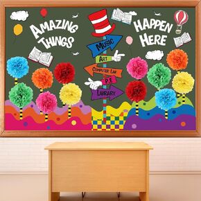 3D Amazing Things Happen Here Bulletin Board Classroom Decorations Welcome Back to School Educational Activities Decor Set Red Blue Tissue Paper Flower Motivational Cutouts for Chalkboard Door Wall