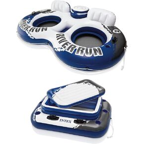 Intex River Run 2 Inflatable 2 Person Floating Lounge with Built-in Cooler Bundled with Inflatable Mega Chill II 72 Can Beverage Cooler
