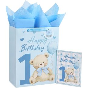 Loveinside 1st Birthday Gift Bag for Baby Girl, Large Pink Bear Design, Medium Size Bag with Tissue Paper, Tag, Greeting Card, Ideal for Newborn, First Birthday, Baby Shower, 10" x 5" x 13", 1 Pcs