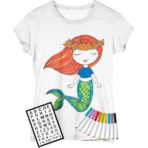 Coloring Shirt Kit for Girls with 10 Fabric Markers and Alphabet Stencil - DIY Arts and Crafts, Unicorn, Mermaid and Birthday Girl