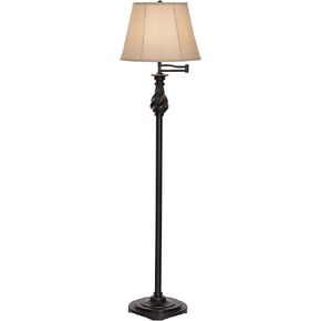 Regency Hill Traditional Adjustable Swing Arm Floor Lamp 58" Tall Painted Restoration Black Bronze Swirl Font Faux Silk Beige Drum Shade for Living Room Reading House Bedroom Family Home