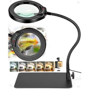 5 Inch Large Magnifying Glass with Light and Stand, 10X Hands-Free Desk Lamp & Clamp, 5 Color Modes Stepless Dimmable Flexible Gooseneck, LED Lighted Magnifier for Repair Crafts Close Work Painting