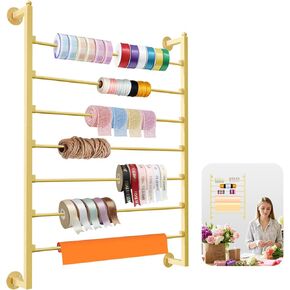 7 Tier Ribbon Storage Organizer, Wall Mounted Ribbon Organizer, Wrapping Paper Rack, Metal Ribbon Storage for Christmas Gift Craft Room Cake Shop Flower Store Scarf Belt-Gold
