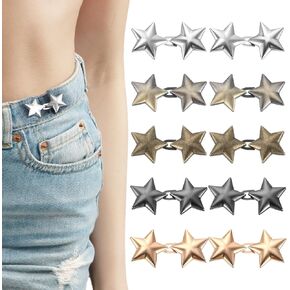 10 Set Pant Waist Tightener Star Buttons for Loose Jeans, Reusable Waist Pants Clips Metal Adjustable Stars Brooch Cincher Clip for Clothing Dresses Skirts No Sewing Decoration Accessories