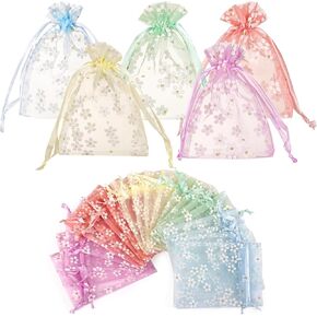 Naler 20Pcs Floral Organza Bags - 4x6 in, Mesh Gift Bags with Drawstring, 5 Colors, Sheer Gift Bags for Christmas, Wedding, Baby Shower