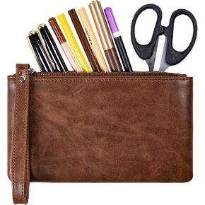 Calfinder Genuine Leather Pencil Case for Adults,Small Pen Pouch wiht Zipper,Handmade Brown Pencil Bag,Water Resistant,Leather Pouch for Makeup, Change, Coins, Perfect for Work/Office