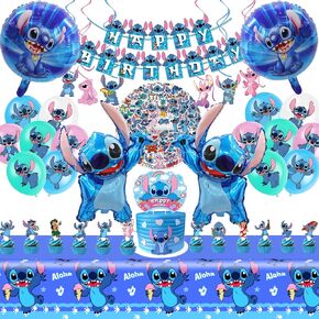 Stitch Party Supplies, 103 pieces Birthday Decorations Set Include Banner, Balloons, Stickers, Hanging Swirls, Cake Cupcake Toppers, Tablecloth for Boys Girls Stitch Theme Party