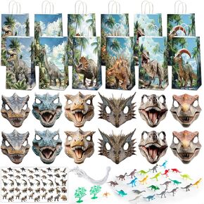 128PCS Dinosaur Party Favors Dino Themed Paper Goodie Bags Masks Sticker and Toys Jungle Safari Theme Birthday Supplies Gifts for Pinata Filler School Carnival Prize