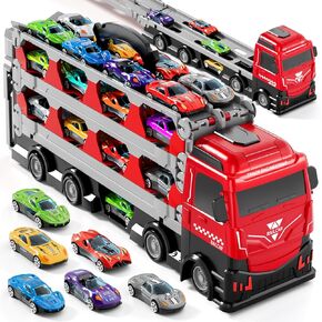 Car Truck Toys, 78-Inch Race Track Transport Truck Set with 24 Die-Cast Metal Cars, Foldable Carrier Toy for Kids 3-5, Christmas Birthday Gift for Toddlers ages 3 4 5 6 7+ Years Old Boys Girls