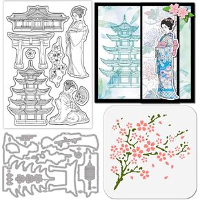 GLOBLELAND Oriental Architecture Clear Silicone Stamp Metal Kimono Woman Cutting Die Cuts Cherry Blossom Paint Craft Stencils for Card Making Scrapbooking Craft DIY Embossing