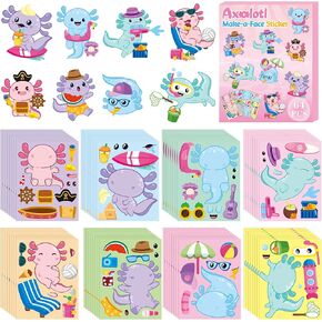 Axolotl Make a Face Sticker Sheets - Make Your Own Cute Axolotl Stickers Games, Pink Animal Mix and Match Art Craft Favor for Girls Boys Kids Birthday Party Back to School Activity（40Pcs）