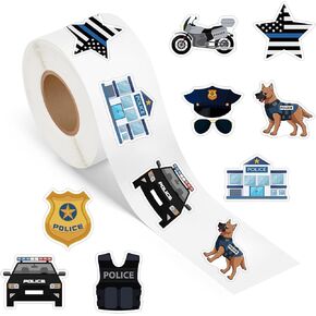500 Pcs Police Stickers Roll Law Enforcement Themed Designs Police Badge Stickers for Cops Birthday Party Decorations Supplies Favors School Funny Reward Scrapbook Envelope Seals DIY Craft Decals