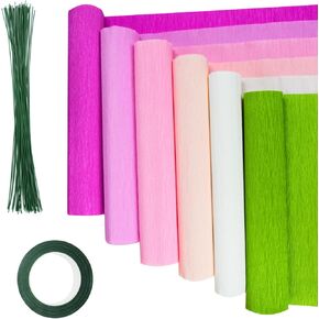happylain 57 Pcs Crepe Paper Flower DIY Kits - 6 Rolls Crepe Paper Sheets 50 Pcs Floral Iron Wire 10 Inch x 8 Feet 1 Roll for Birthday Party Wedding