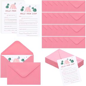 Honoson 48 Pcs Camp Stationary for Girls Hello from Camp Stationery Set Fill in The Blank Stationery Notepad Letter Writing Kit 24paper Cards and 24 Pink Envelopes for Summer Camper