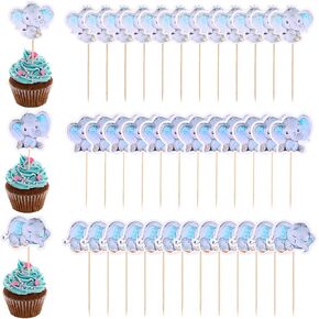 36pcs Blue Elephant Cupcake Toppers, It's a Boy Baby Shower Cupcake Picks, Gender Reveal Cake Decorations for Elephant Theme Baby Shower Kids Boys Birthday Party Cake Decorations