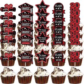 2025 Black and Gold Graduation Cupcake Toppers, 30PCS Class of 2025 Grad Cap Diploma Cupcake Topper Picks for Party Decorations (Easy Assembly)