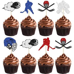 24Pcs Hockey Cupcake Toppers Multi Glitter Hockey Players Cake Toppers Ice Hockey Cake Decorations for Sports Theme Baby Shower Kids Boys Girls Birthday Party Supplies