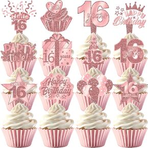 48 PCS 16th Rose Gold Cupcake Toppers – Perfect for 16th Birthday Party Decorations, Milestone Celebrations, and Elegant Events