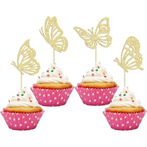 Gyufise 36Pcs Butterfly Cupcake Toppers Gold Glitter Assembled Flying Butterfly Cake Topper Decorations for Wedding Engagement Bridal Shower Kids Birthday Party Cake Decorations