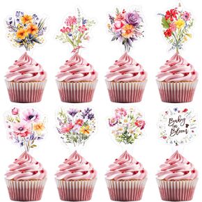 40 Pcs Baby in Bloom Cupcake Toppers Flower Cupcake Toppers Wildflower Baby Shower Decorations Floral Wild Flower Theme Cup Cake Party Decor Supplies for Girls
