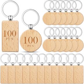 Tondiamo 200 Pcs Wood Keychain Bulk Wooden Blanks for Key Chains Rectangle Round Unfinished Blanks Key Tag Laser Engravable Keychains Items for DIY Gift Craft Supplies