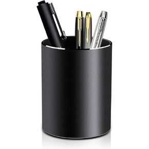 Pen Holder for Desk,Metal Aluminum Pencil Holder， for Pen Organizer for Desk, School, Home and Stationary Supplies, Advanced sense Pen Holder Non-Slip Silicone Bottom Round Black Pencil Cup (BLACK)
