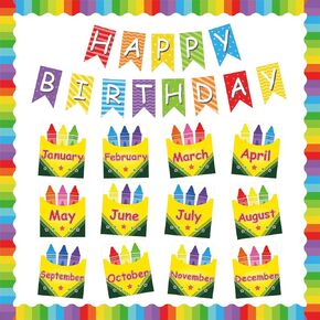 Happy Birthday Bulletin Board Set for Classroom Colorful Crayon Box Cutouts Decoration Preschool Classroom Decor Birthday Chart for Back to School Name Tags for Wall Decors Bulletin