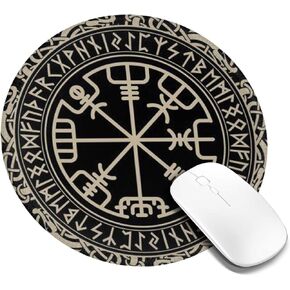 8in Round Mouse Pad Magical Design Norse Runes Compass Durable Stitched Edge Non-Slip Rubber Base Gaming Mousepad