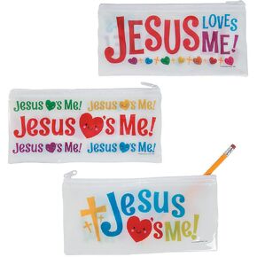 Fun Express - Jesus Loves Me Pencil Bags for Valentine's Day - Stationery - Accessories - Misc Pencil Accessories - Valentine's Day - 12 Pieces