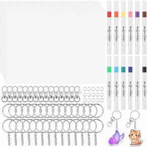 Flasoo 87 PCS Shrinky Plastic Sheets Kit, Including 15 Sheets Shrinky Art Paper, Acrylic Paint Markers, Keychains for Creative Crafts and Keychain Making